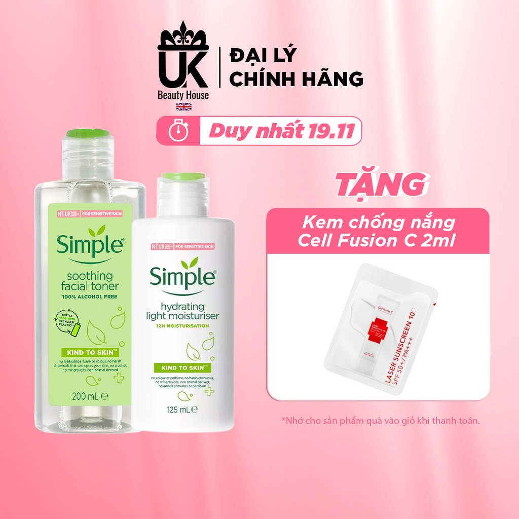 [Mã SKAMPUSH11 giảm 10% đơn 200k] COMBO CÂN BẰNG, DƯỠNG ẨM SÂU SIMPLE (TONER 200ML + KEM DƯỠNG 125ML) | BigBuy360 - bigbuy360.vn