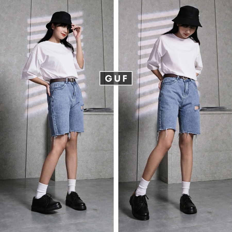 Quần Short Jean Nữ Trơn Cạp Cao Dáng Rộng Chất Quần Bò Dày Dặn Thương Hiệu GUF | BigBuy360 - bigbuy360.vn