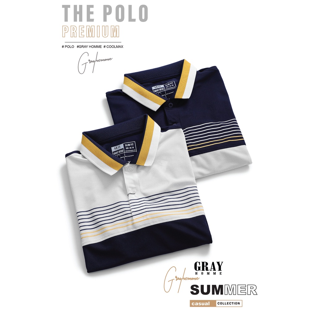 Áo Polo Nam Có Cổ GrayHomme Phối Bo Viền Cổ Kẻ Ngang Nhỏ Thân Trẻ Trung, Năng Động