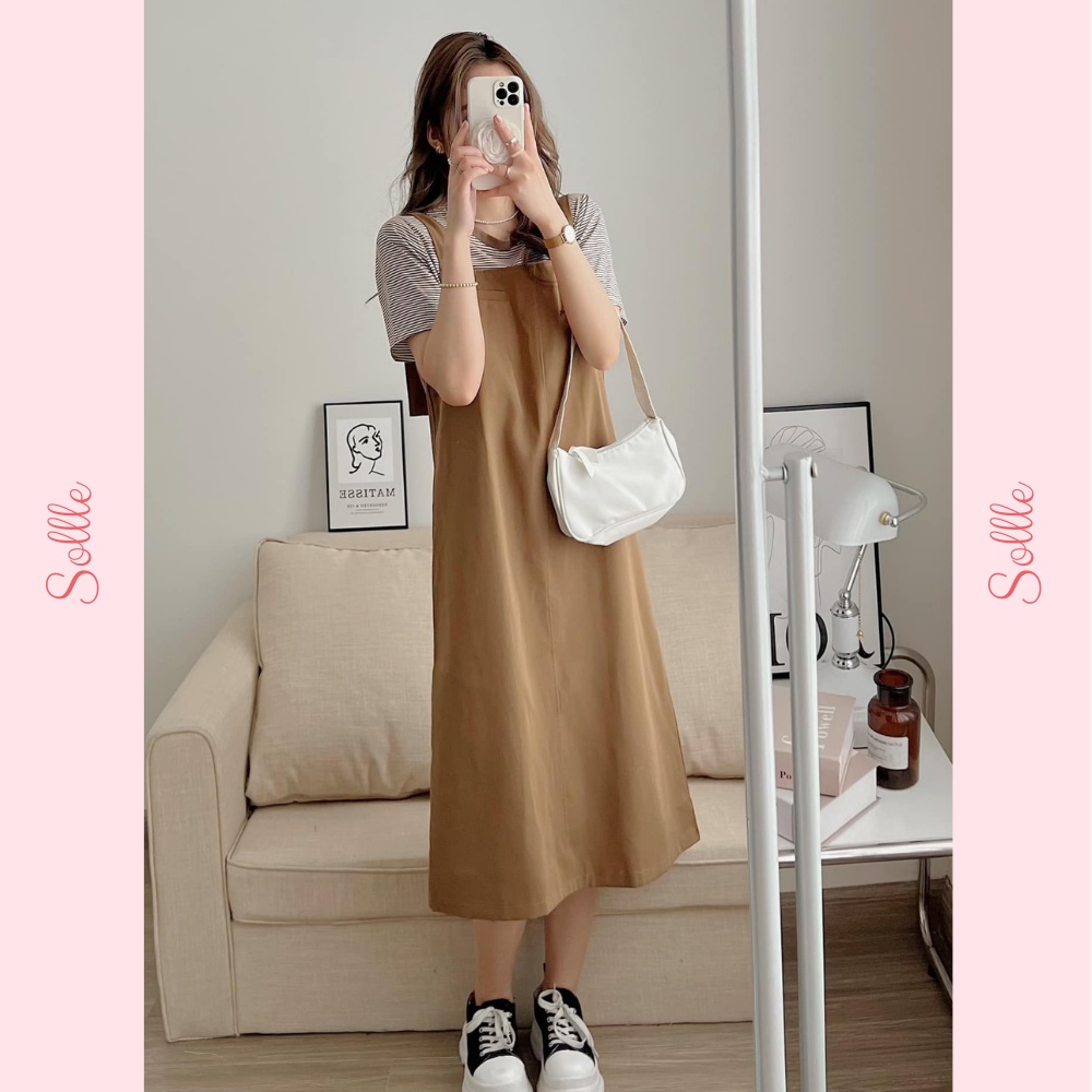 Set bộ nữ váy yếm kaki basic oversize kèm áo thun kẻ 2 màu nâu đen ulzzang Hàn Quốc Sollle