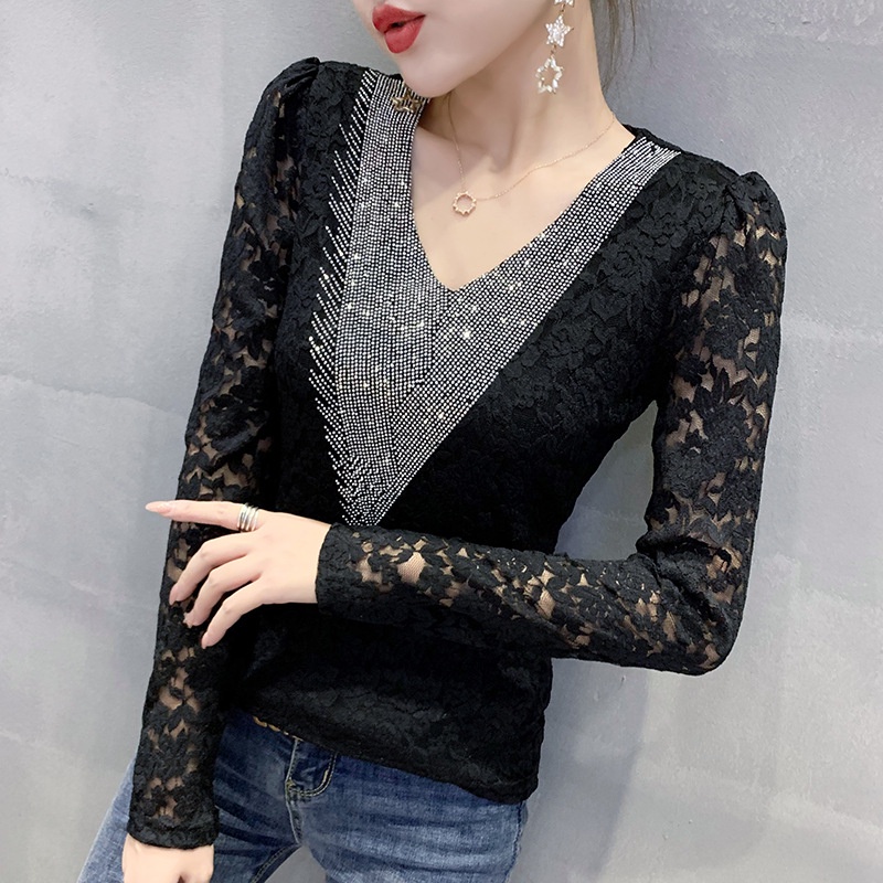 Áo Thun Tay Dài V Ren Đính Đá Phong Cách Mới