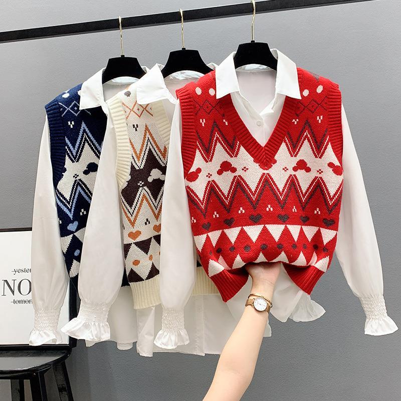 Áo Sweater Dệt Kim Không Tay Cổ Chữ V Họa Tiết Kẻ Sọc Đính Đá Phong Cách Retro Xuân Thu 2022 Cho Nữ