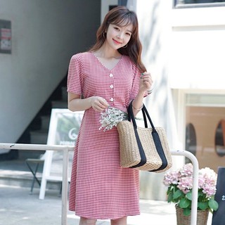 Đầm váy caro đỏ nút trắng