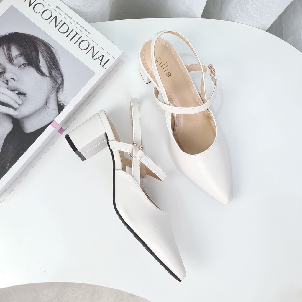 Giày cao gót slingback nữ bít mũi thời trang đế vuông mũi nhọn cao 5cm đi làm công sở đi tiệc Cillie 1115