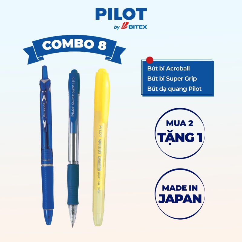 Combo Pilot 08 : Bút bi Acroball mực xanh, Bút bi Super Grip mực xanh, Bút dạ quang màu vàng