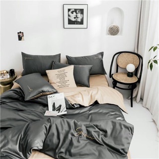 Set Chăn Ga Gối Lụa Tencel Trơn Phối Màu Ghi Be