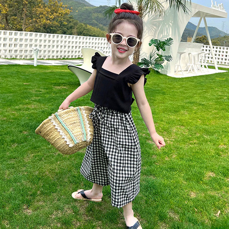 Set Áo Cổ Vuông Tay Cánh Tiên Màu Đen + Quần Dài Lưng Thun Phong Cách Hàn Quốc Dễ Thương Cho Bé Gái