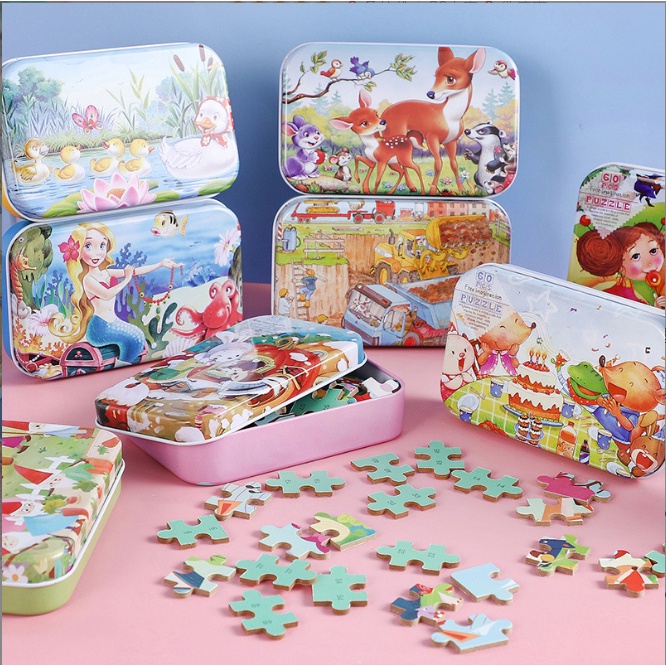 Đồ chơi bộ tranh xếp hình, ghép hình bằng gỗ 60 mảnh puzzle có hộp thiếc cho bé - tranh ghép gỗ 60 miếng