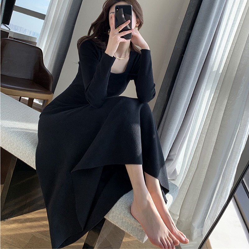 Váy nữ đẹp cổ vuông dáng xòe dài tay cá tính vải tuyết mưa V0027 | BigBuy360 - bigbuy360.vn