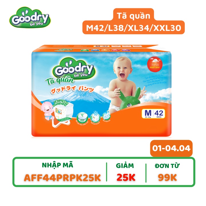 Tã quần Goodry M42/L38/XL34/XXL30 - Công nghệ Nhật Bản thấm hút nhanh - Siêu mềm mại, khô thoáng