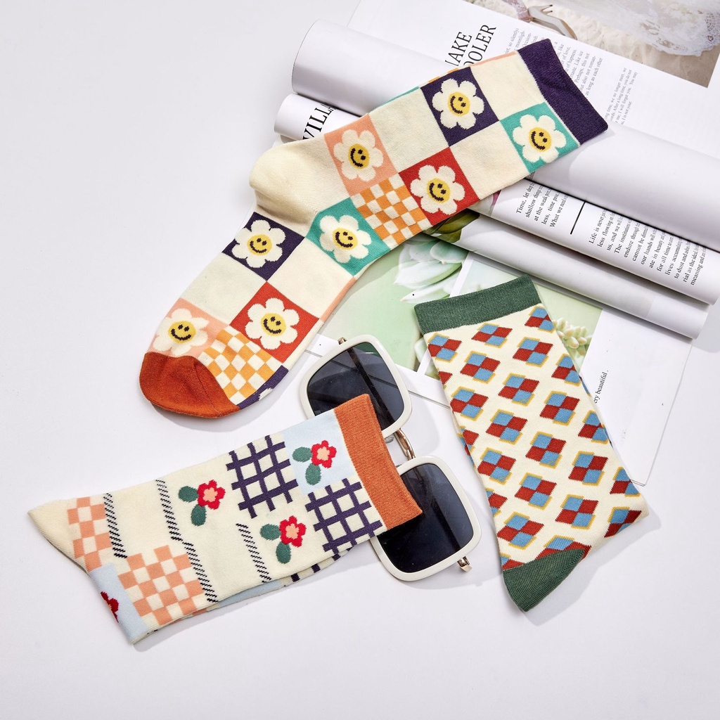 Vớ cotton mềm mại thoáng khí thêu họa tiết hoa hướng dương phong cách Pháp thời trang thu đông cho nữ