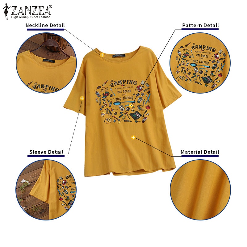 Áo thun cotton ZANZEA cổ tròn tay ngắn in họa tiết thời trang cho nữ