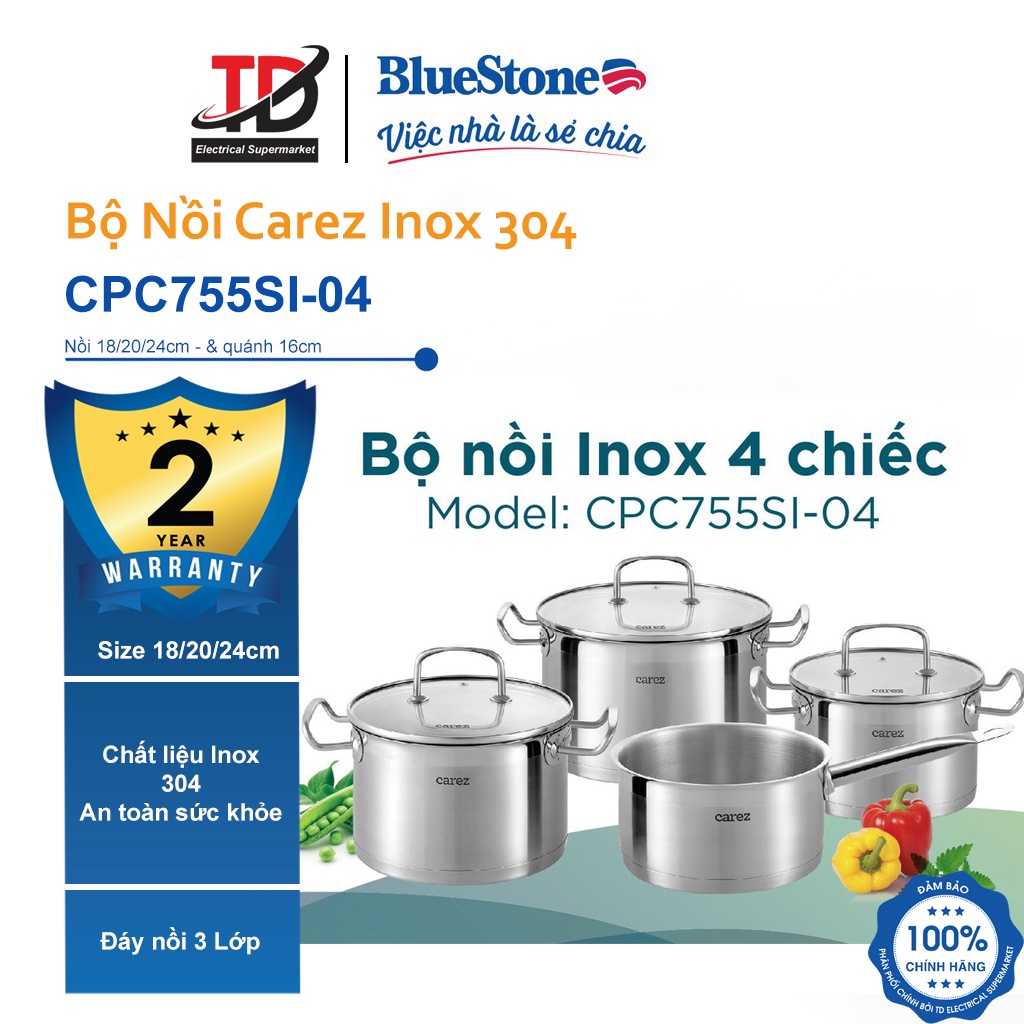 Bộ Nồi INOX 304 Cao Cấp CAREZ - CPC656SI-04 - 4 Món Nắp Kính Cường Lực
