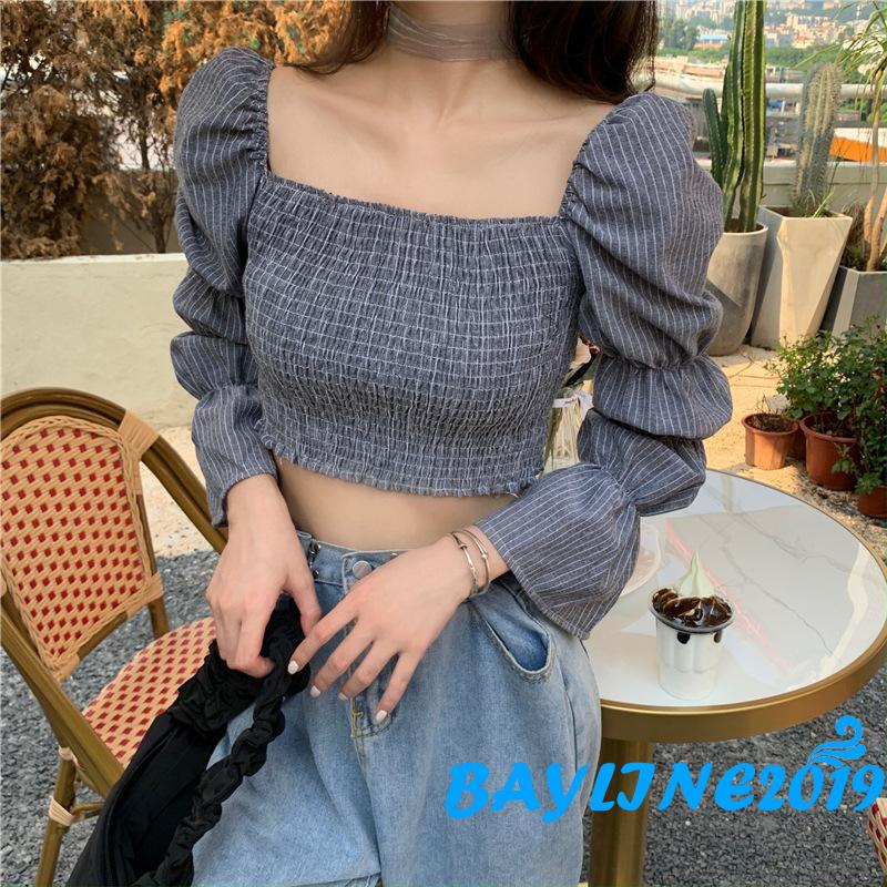 Áo Lửng Tay Dài Họa Tiết Sọc Thời Trang Quyến Rũ Cho Nữ