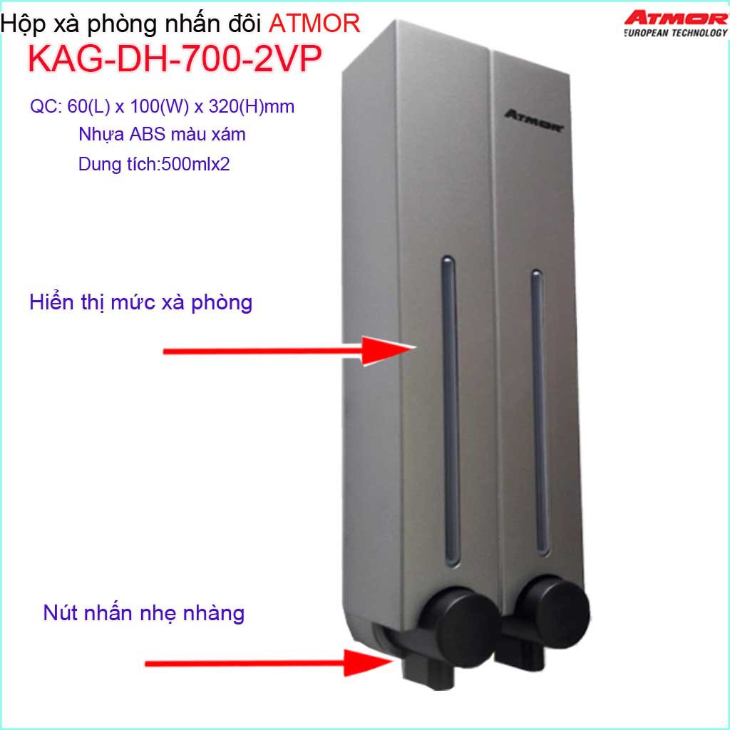 Hộp nhấn xà phòng Atmor KAG-DH7002VP-Grey-Xám, bình xịt xà bông 500ml x2 thiết kế sang trọng nhấn êm siêu bền