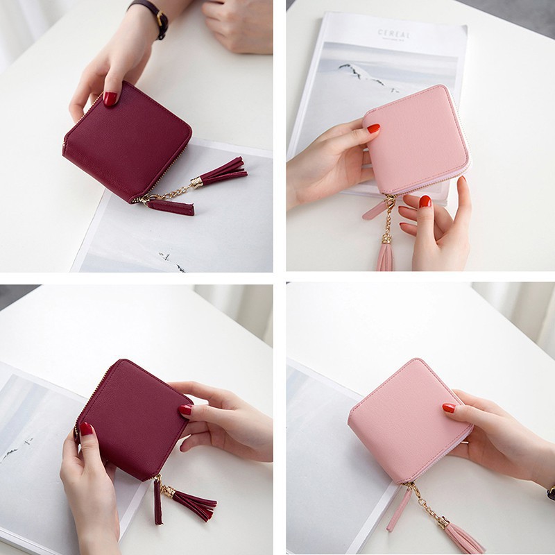 Túi Xách Nữ Ví Da Phối Núm Tua Có Dây Khóa Kéo Dành Cho Nữ Dùng Đựng Tiền Xu