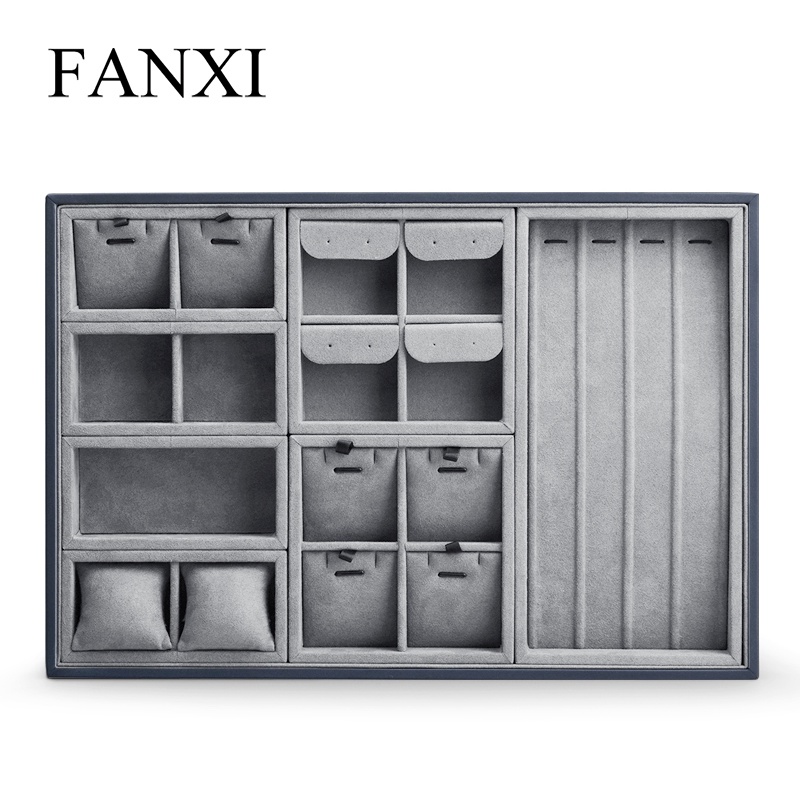 ✙Khay trưng bày đồ trang sức Fanxi Vòng nhung Vòng cổ Bộ tổ chức Khay màu xám Vòng đeo tay Hiển thị Hộp lưu trữ Hộp đựng