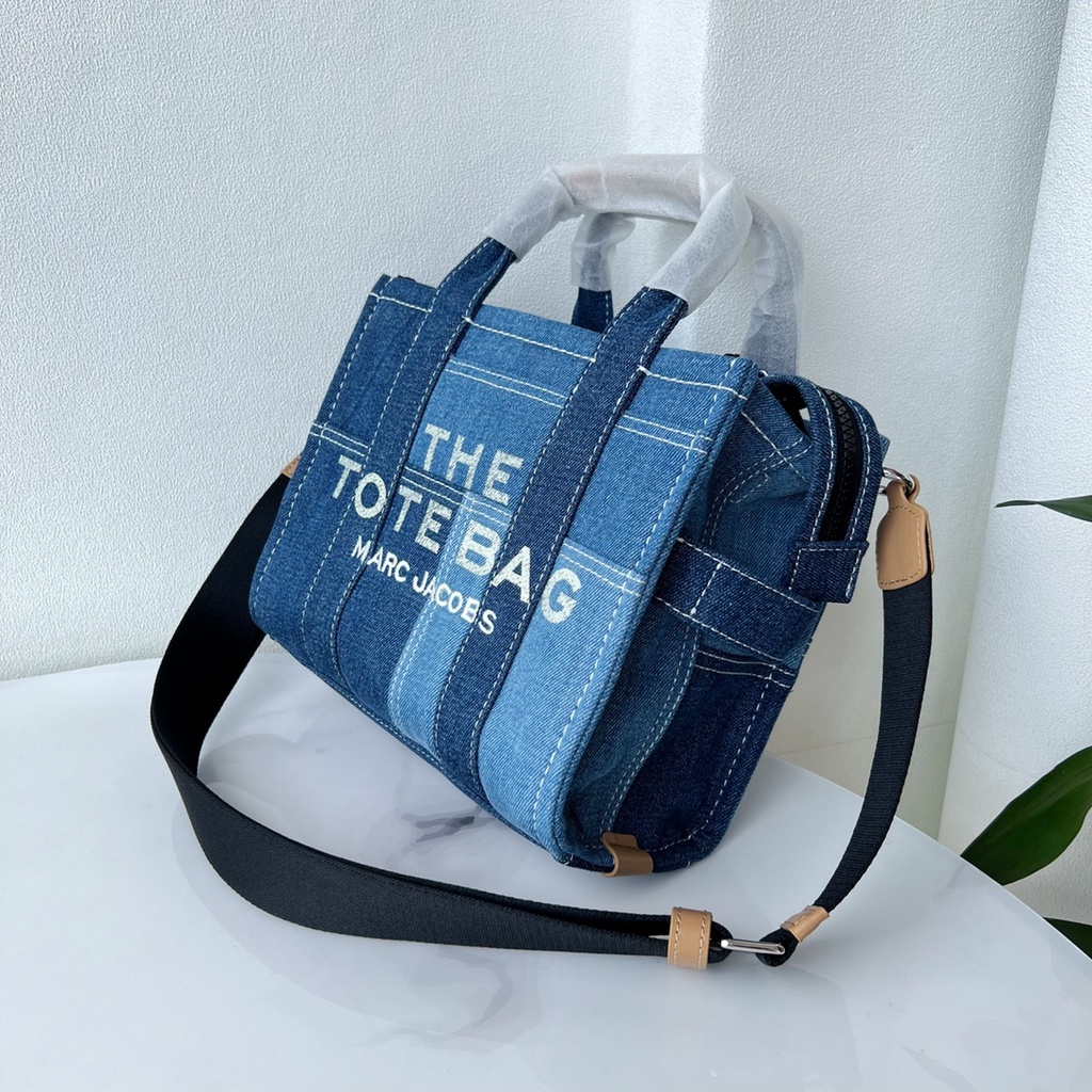 Túi xách nữ da thật thời trang cao cấp Marc Jacobs thiết kế vải denim in chữ thương hiệu