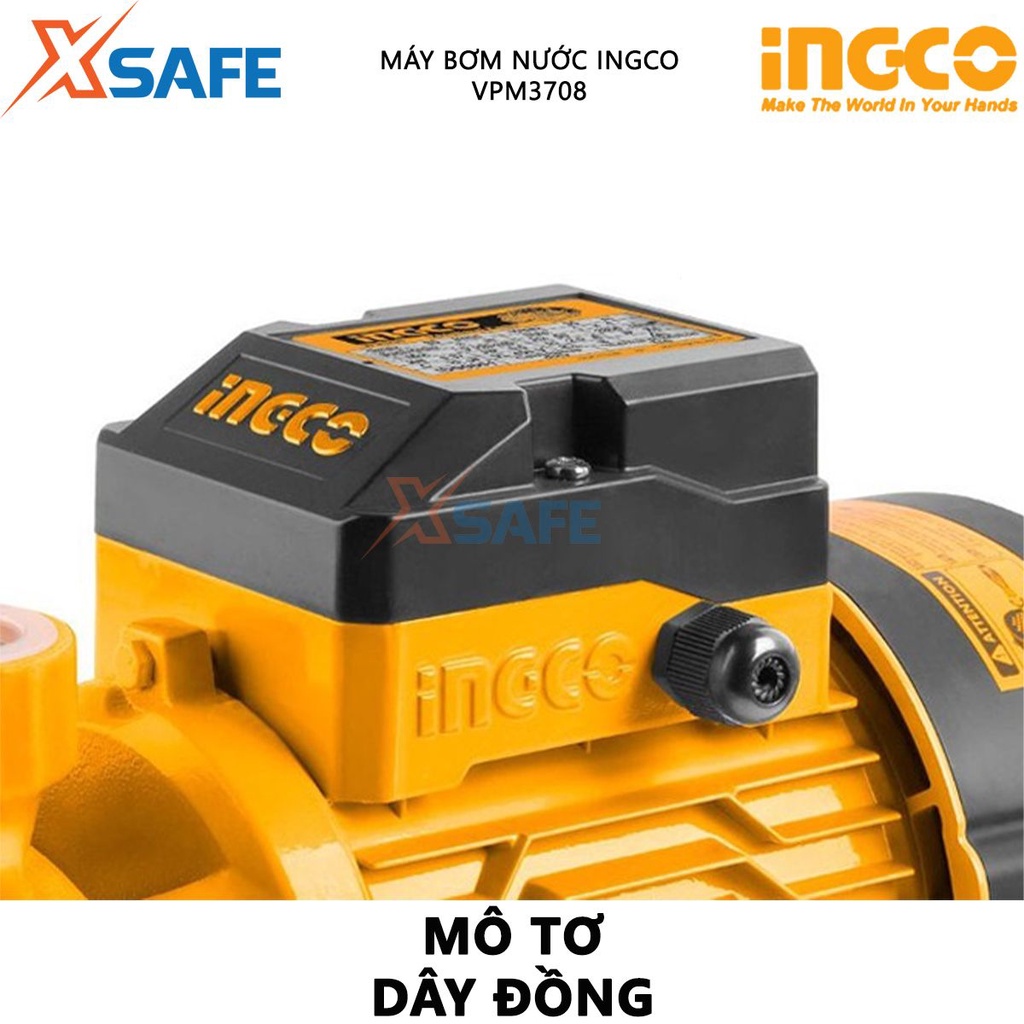 Máy bơm nước INGCO VPM3708 Máy bơm tăng áp 370W(0.5HP), chiều cao bơm tối đa 35m, độ hút sâu 8m, mô tơ dây đồng - XSAFE