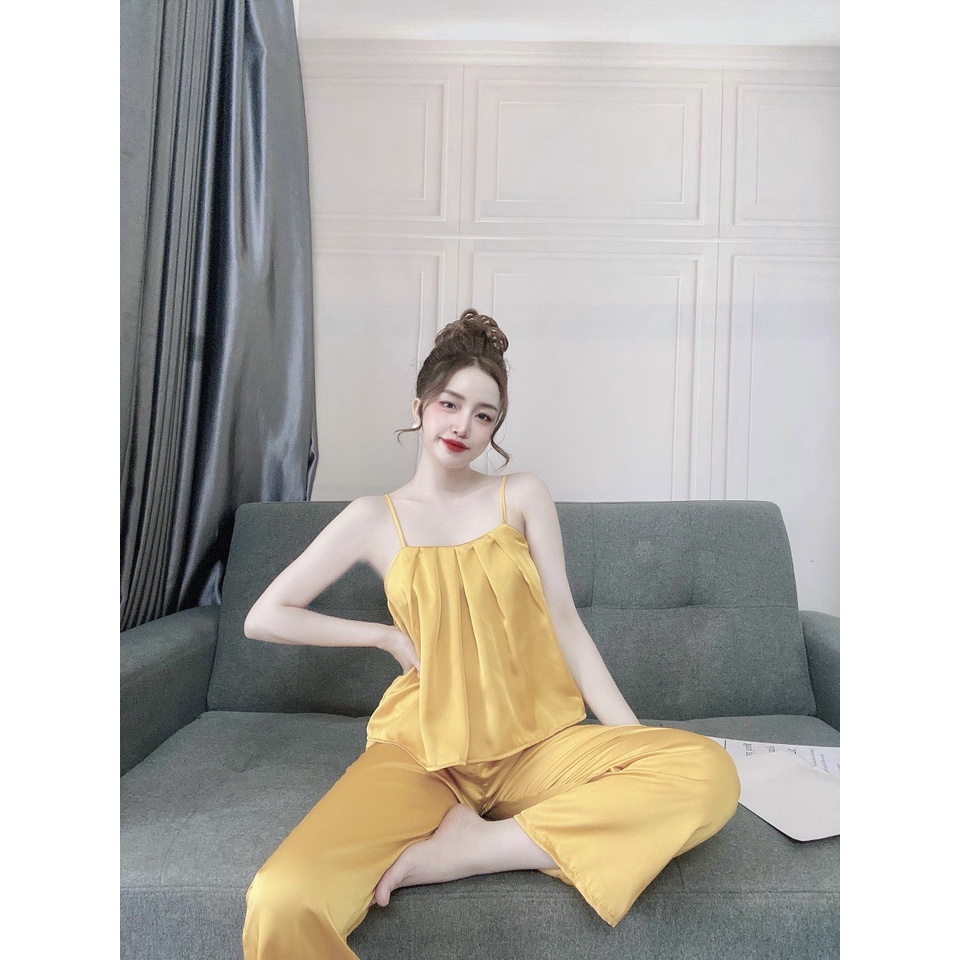 Đồ Lụa Mặc Nhà, Đồ Bộ Nữ Đồ Ngủ Áo Dây Nhún Ngực Quần Dài Chất Lụa Satin Fill Màu Form Rộng Rãi Sang Trọng Kín | BigBuy360 - bigbuy360.vn