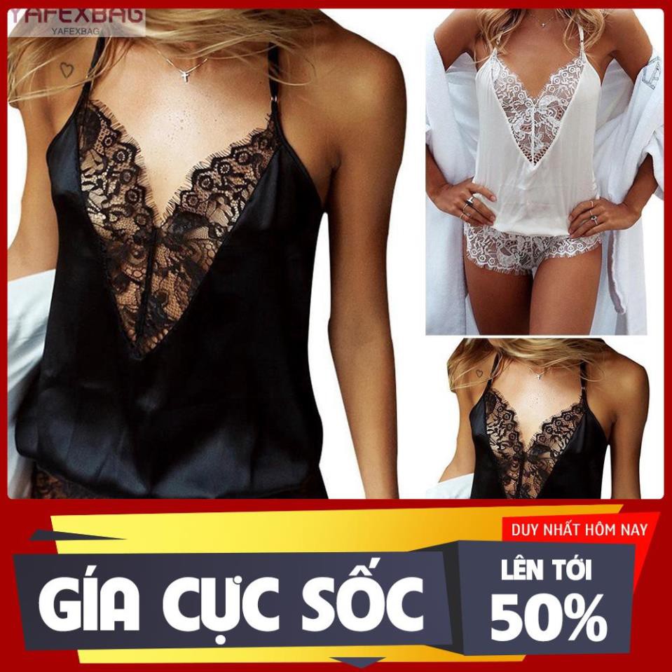 Áo ngủ liền quần 2 dây vải lụa bóng phối ren cho nữ *