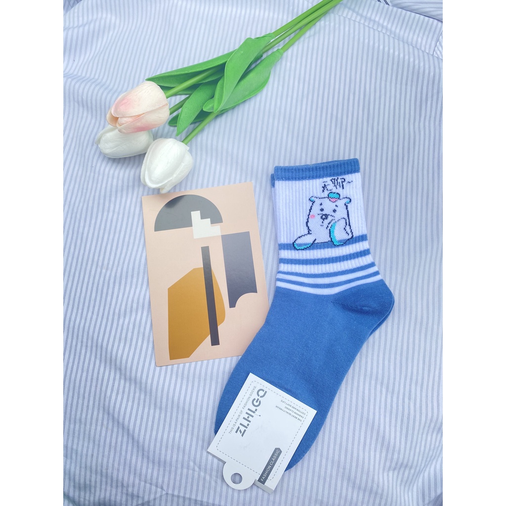 Tất trắng Muzini tất cổ cao tone xanh hoạt tiết gấu nhiều hình cute TN222