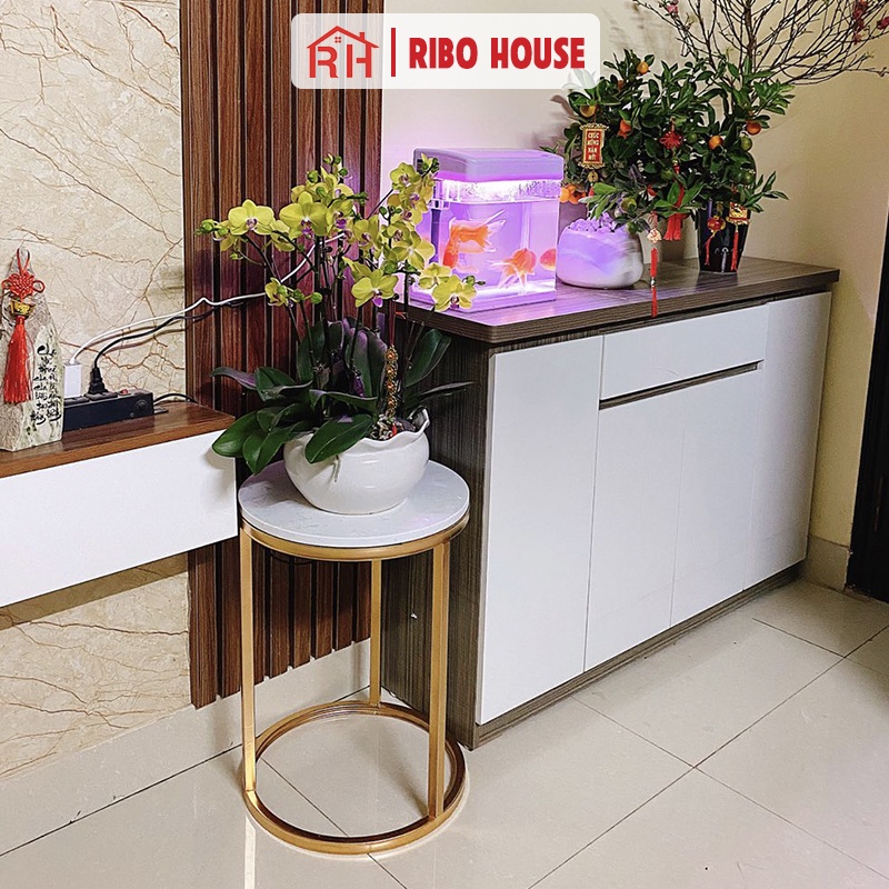 Bàn trà tròn RIBO HOUSE mặt đá hình vân bàn mẫu 1 khung sắt sơn tĩnh điện trang trí phòng khách ban công RIBO91