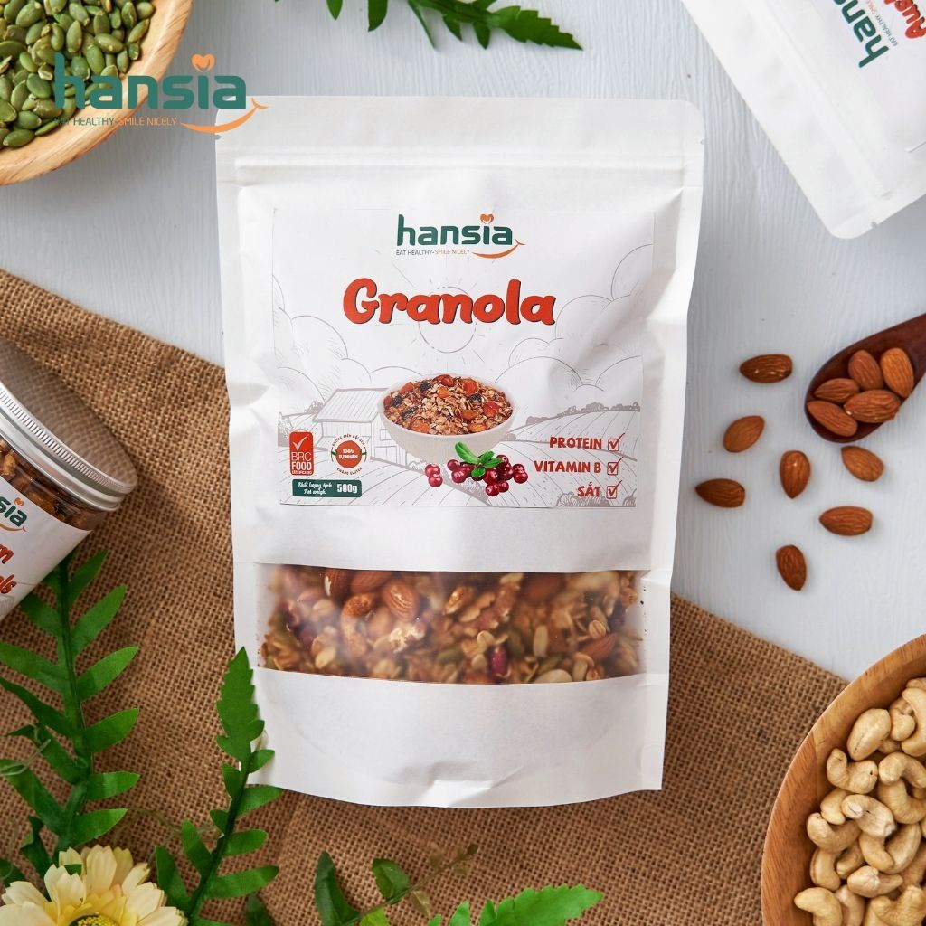 Ngũ Cốc Ăn Sáng Granola Organic HANSIA Gồm Nhiều Loại Hạt, Yến Mạch, Trái Cây Khô Giàu Năng Lượng Tiện Lợi Túi 250g-500g