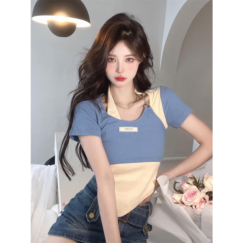 Áo sweater Giả Hai Lớp Dáng Ngắn Phối Khóa Kéo Thời Trang Cho Nữ
