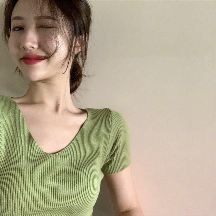  Áo thun nữ ngắn tay cổ chữ V thời trang Hàn Quốc