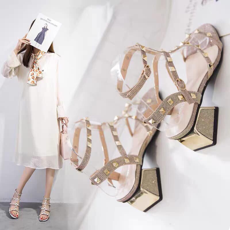 Giày cao gót - sandal cao gót vuông 5p đinh tán đính kim sa siêu chảnh