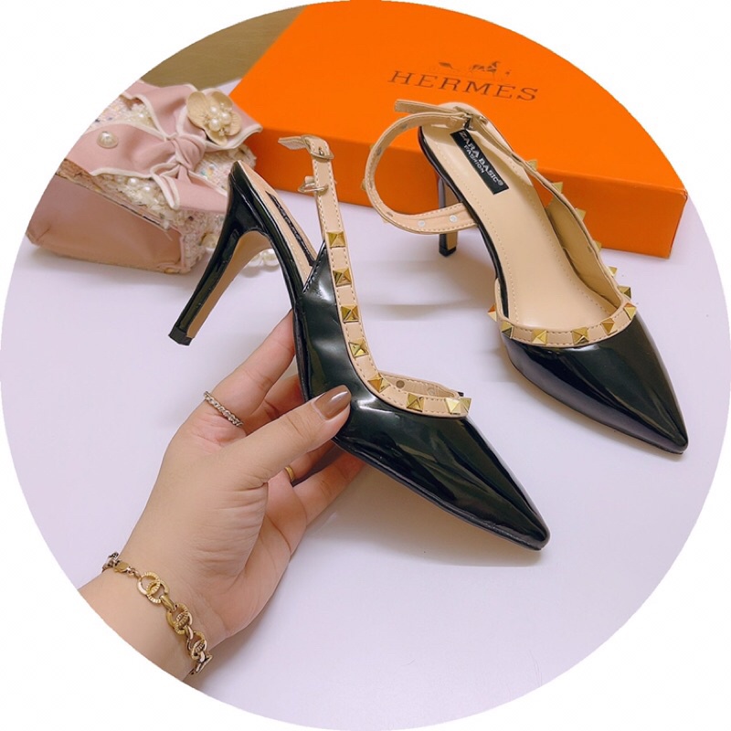 Giày cao gót nữ mũi nhọn Viền đinh da bóng gót nhọn 8p Valen chảnh hết nấc