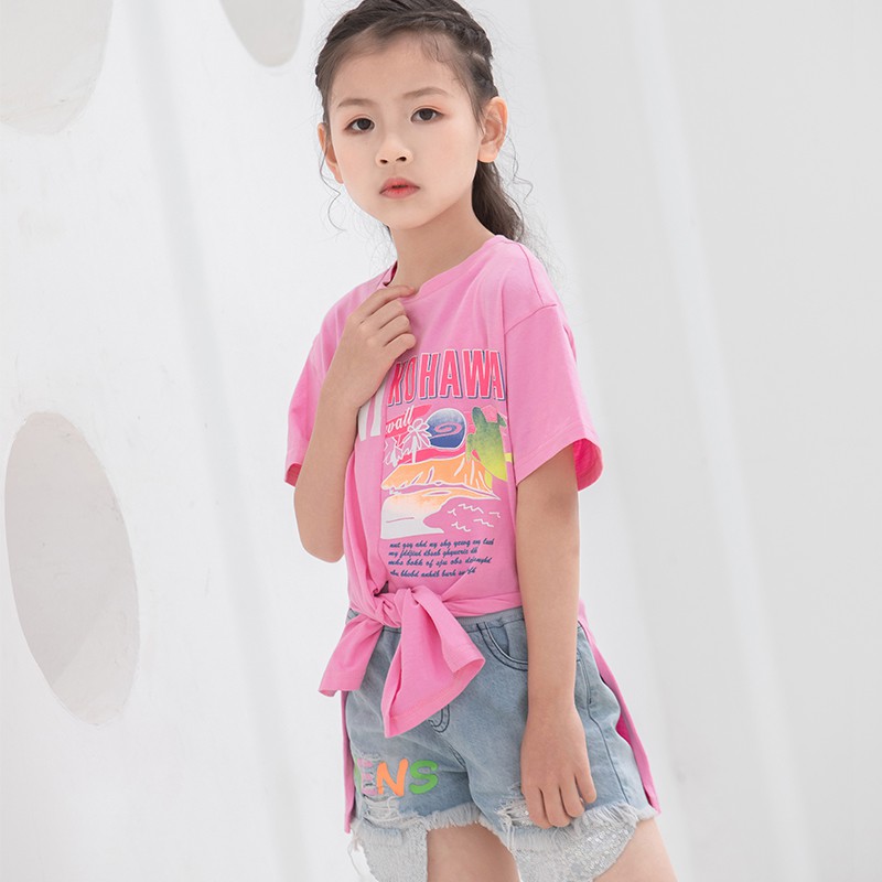 Áo thun bé gái cổ tròn form dài thiết kế xẻ tà cột vạt trước phiên bản Hàn Quốc