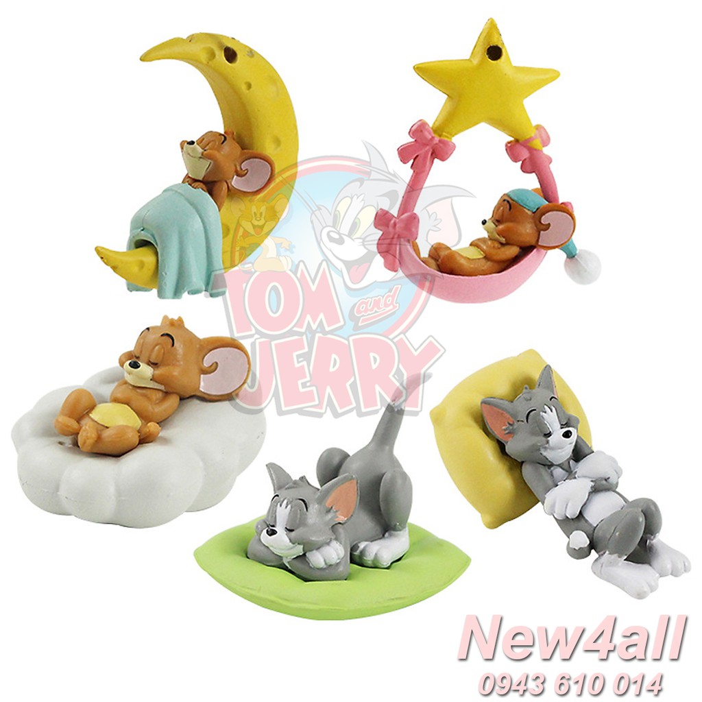 Bộ 5 mô hình trang trí Tom &amp; Jerry ngủ dễ thương (2-5 cm) bằng nhựa đặc làm đồ chơi quà tặng hoạt hình Anime giá rẻ