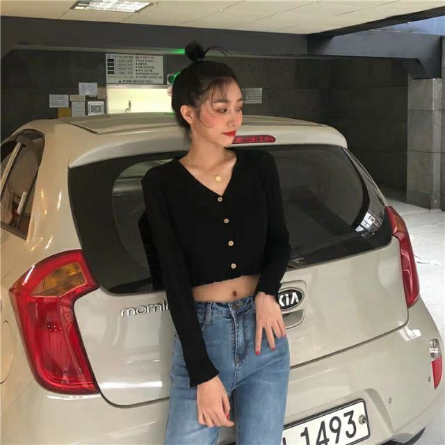 😘 Áo croptop xuân thu dài tay cổ tim chiết eo nữ tính