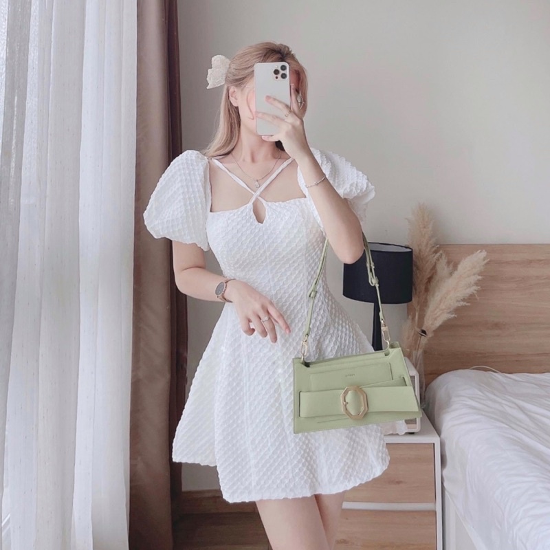 Đầm cổ vuông dạo phố dự tiệc tay phồng gấm ô vuông 2 lớp