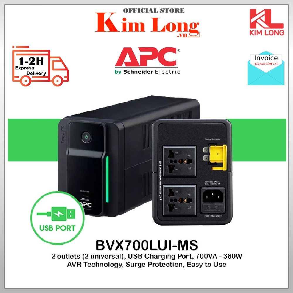 [Có bình, BH 2 năm] Bộ lưu điện UPS APC BVX700LUI-MS 360W-700VA - Hàng chính hãng