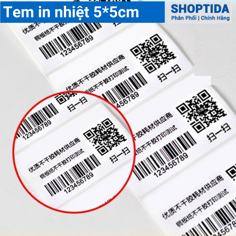 Tem in nhiệt Shoptida loại 600 tem 50*50mm in minicode, qr code, lời cảm ơn, sử dụng cho máy in nhiệt Shoptida SP46