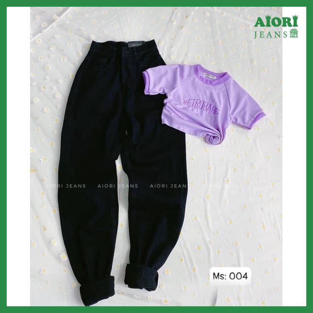 Quần Jeans Nữ AIORI, Quần Baggy Jeans Lưng Cao Baggy Bò Trơn Lai Cuốn Màu Đen Thời T