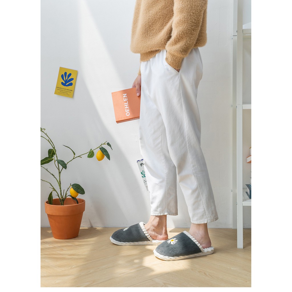 Dép bịt đầu unisex bông lông cừu mềm mại thêu Hoa Cúc Viền Ren Hottrend đi trong nhà siêu êm ấm cực đẹp TH-39 | BigBuy360 - bigbuy360.vn