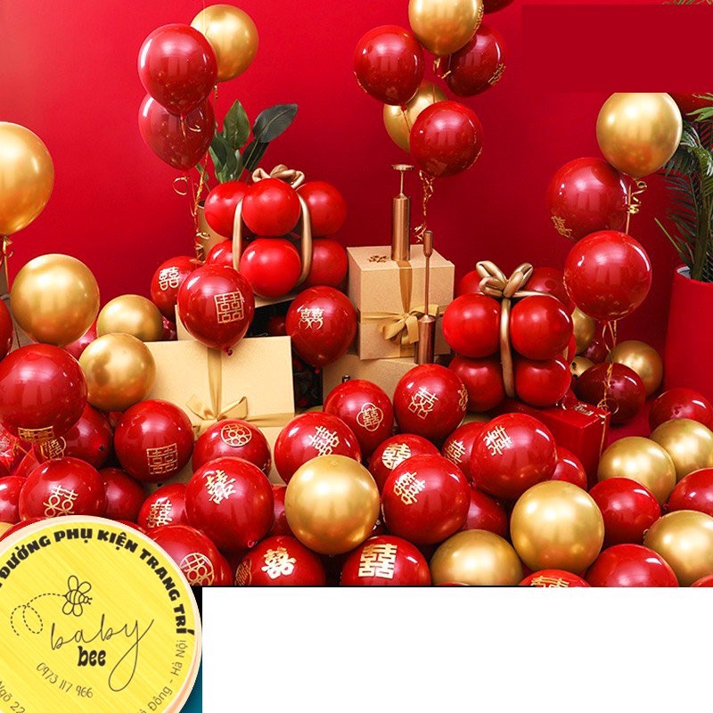 Bóng cao su đỏ lựu lồng in chữ Hỷ trang trí phòng cưới