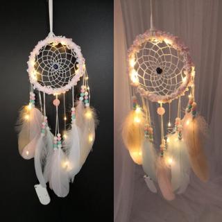 Dreamcatcher gắn lông vũ treo tường trang trí phong cách thời trang có đèn LED