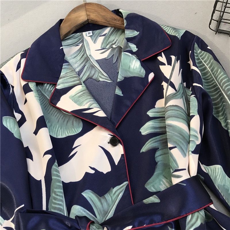 Bộ Đồ Ngủ Vải Voan Satin Tay Dài Cổ Bẻ Có Dây Thắt Lưng Phong Cách Hàn Quốc Mới Dành Cho Bạn Nữ 3xl 2021