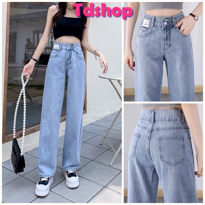 Quần Bò Ống Suông Rộng Nữ TDSHOPNT Lưng Cao 2 Cúc Dáng Baggy Suông Cá Tính Q125