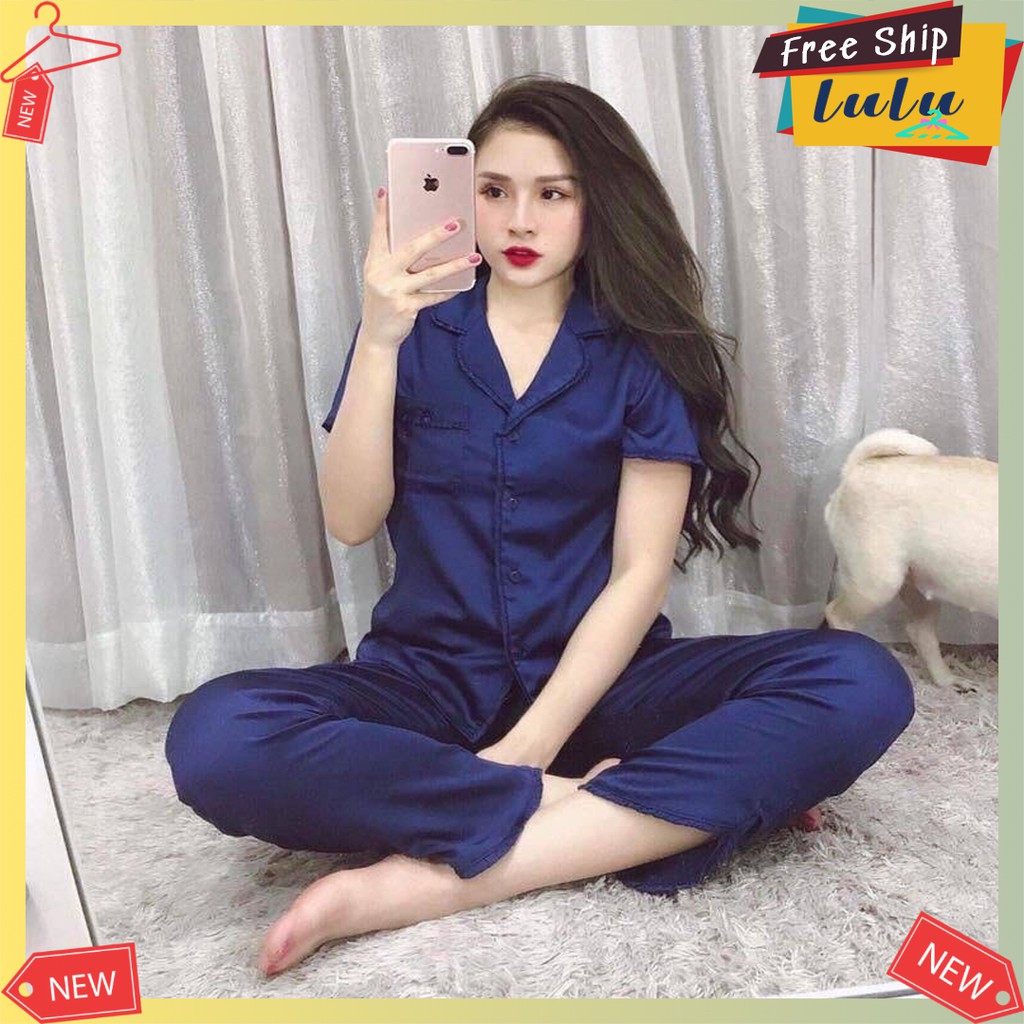 Bộ ngủ nữ tay ngắn quần dài chất liệu phi lụa loại 1 size M, L. Bộ pijama mặc nhà nữ áo cộc quần dài Lulu Shop