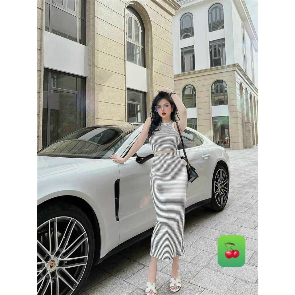 Set sọc ngang đi chơi nữ chân váy ôm dáng dài áo thun croptop ba lỗ sát nách chất thun tăm mềm