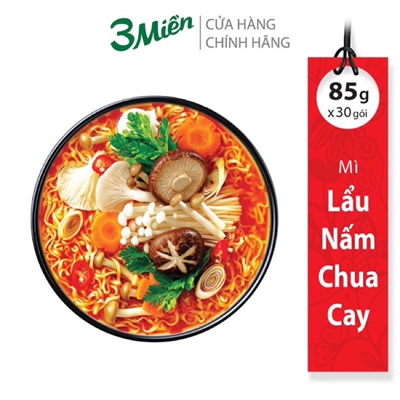 Thùng Mì Gói Reeva Lẩu Nấm Chua Cay 85g x 30 gói [Tặng kèm 06 Mì Ly 3 Miền Gold Tôm Chua Cay Đặc Biệt]