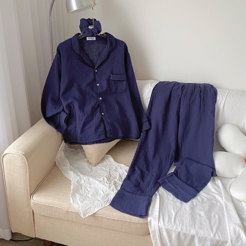 Bộ Ngủ Đũi Xô Trơn Kèm Scrunchie