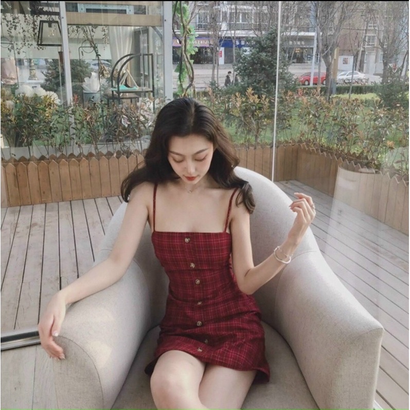 🆙🆙🆙 Váy kẻ 2d đỏ nơ lưng