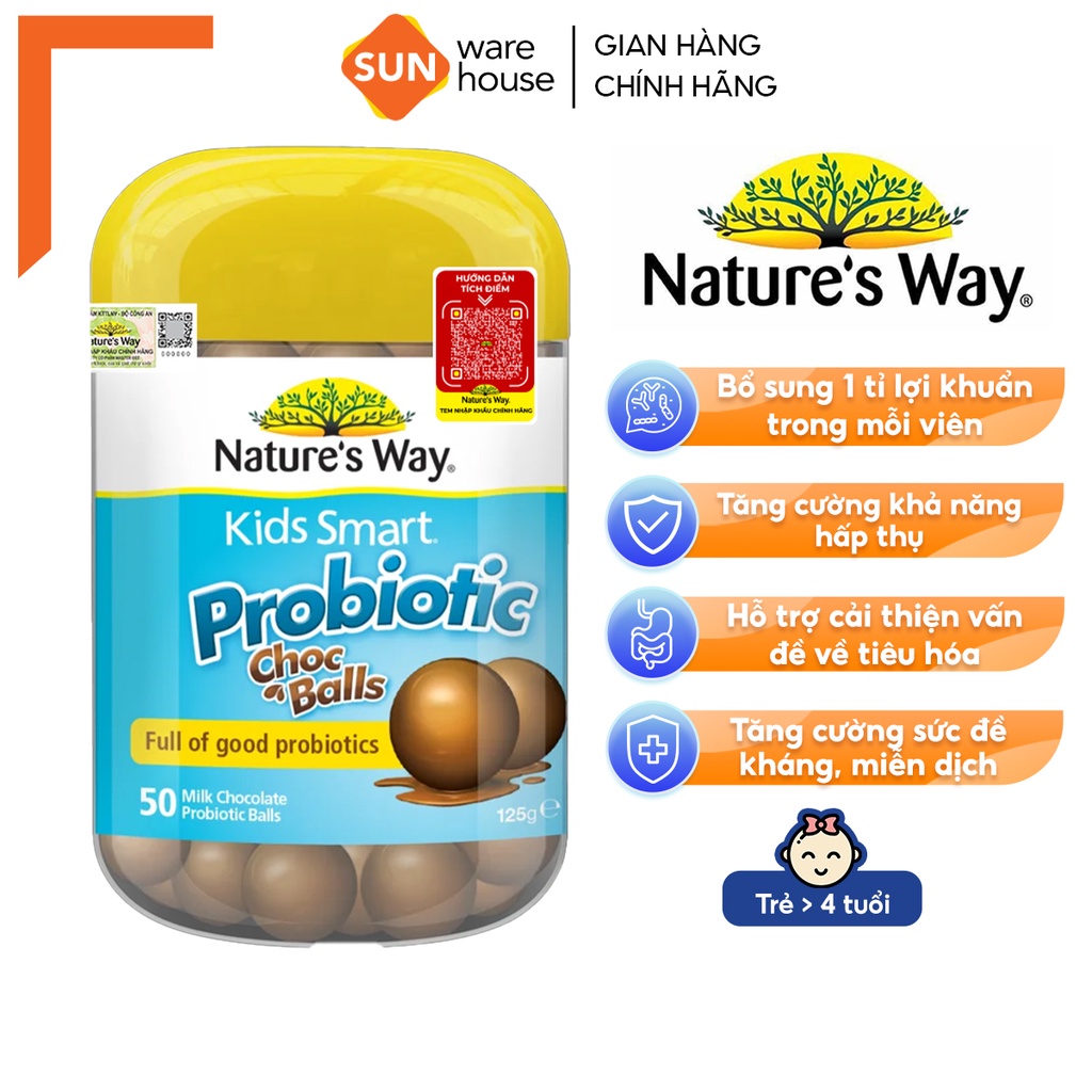 Kẹo Dẻo Cho Bé Nature's Way Kids Smart Probiotic Choc Balls Lợi Khuẩn Tốt Cho Hệ Tiêu Hoá 50 Viên